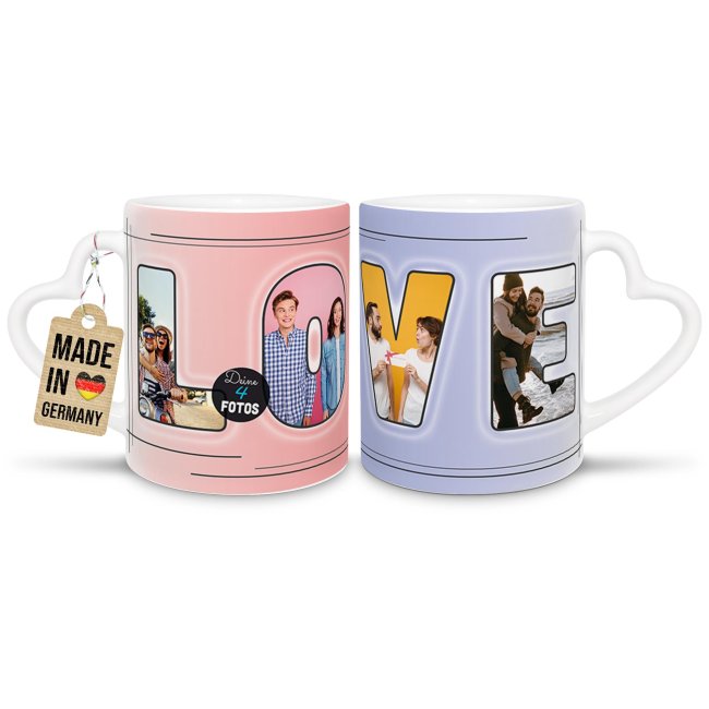 Personalisierte Tasse mit Collage f&uuml;r 4 Fotos - Love - mit Herzhenkel