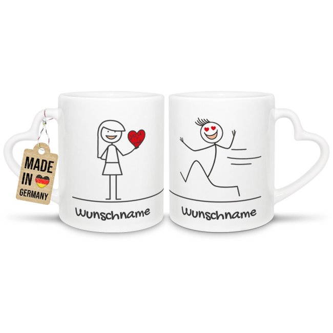 Personalisierte Partner-Tassen mit Name - Strichm&auml;nnchen You &amp; Me - 2er-Set mit Herzhenkel