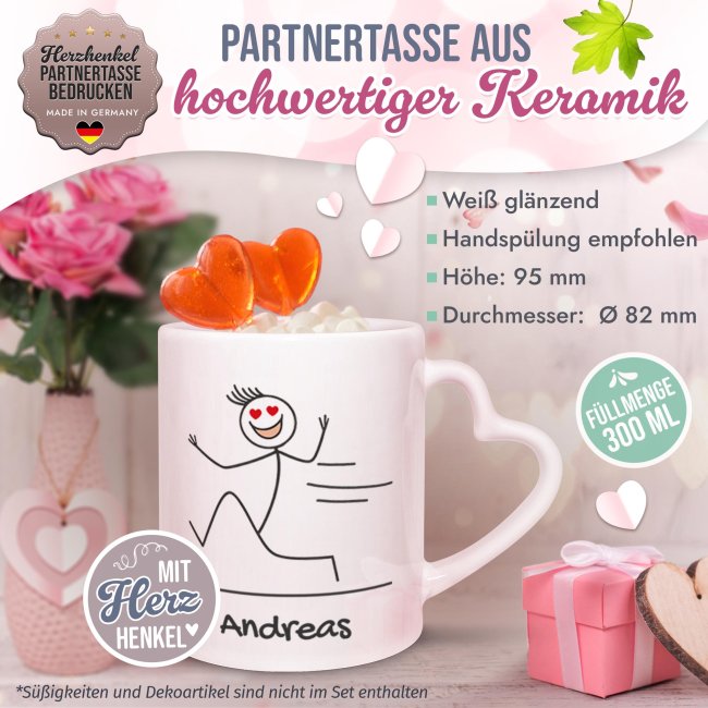 Personalisierte Partner-Tassen mit Name - Strichm&auml;nnchen You &amp; Me - 2er-Set mit Herzhenkel