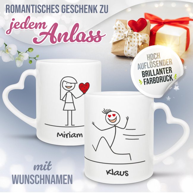 Personalisierte Partner-Tassen mit Name - Strichm&auml;nnchen You &amp; Me - 2er-Set mit Herzhenkel