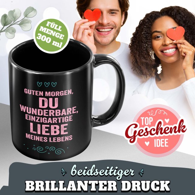 Schwarze Tasse mit Spruch - With love till death - mit Wunschtext