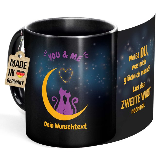 Schwarze Tasse mit Spruch - Du machst mich gl&uuml;cklich - mit Wunschtext