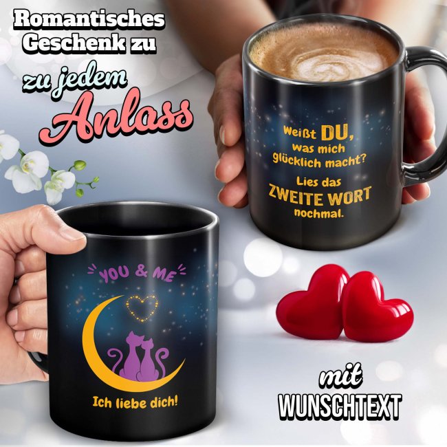 Schwarze Tasse mit Spruch - Du machst mich gl&uuml;cklich - mit Wunschtext