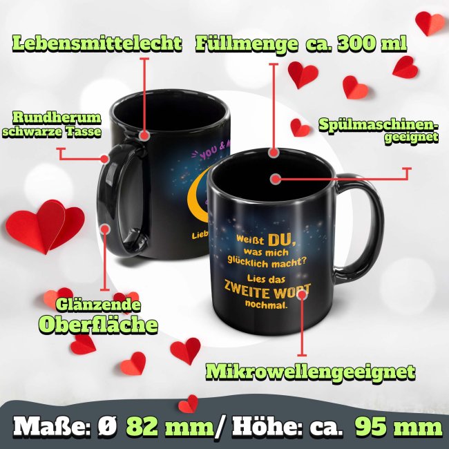 Schwarze Tasse mit Spruch - Du machst mich gl&uuml;cklich - mit Wunschtext