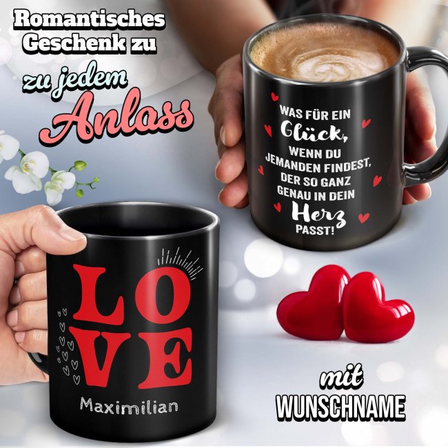 Schwarze Tasse mit Spruch - Jemand der in dein Herz passt - mit Name