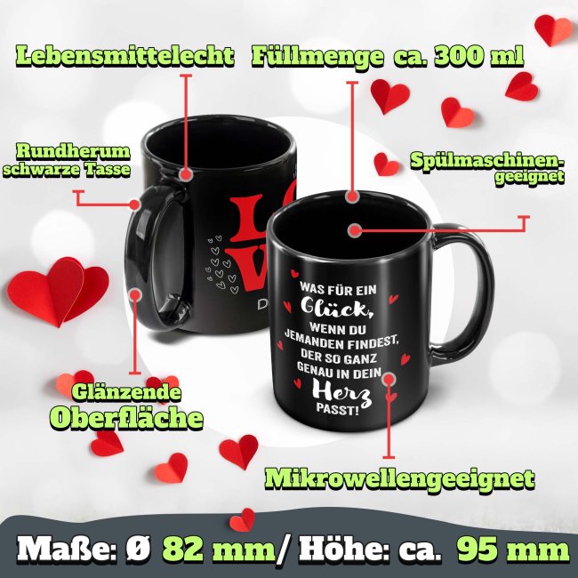 Schwarze Tasse mit Spruch - Jemand der in dein Herz passt - mit Name