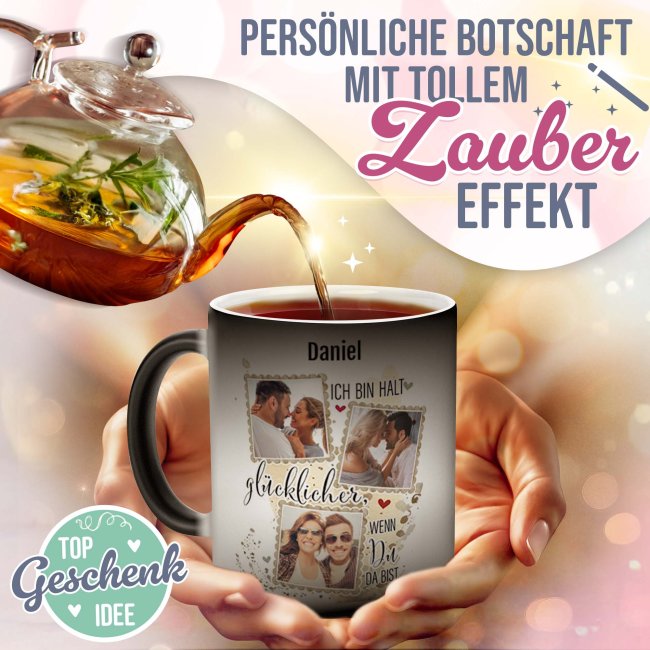 Magic Mug Zaubertasse mit Name &amp; Fotos - Gl&uuml;cklicher, wenn du da bist - 300 ml