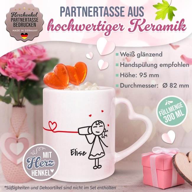 Personalisierte Partner-Tassen mit Name - Strichm&auml;nnchen Dosentelefon - 2er-Set mit Herzhenkel