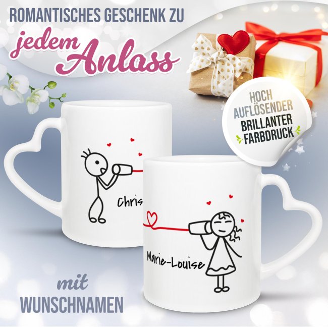 Personalisierte Partner-Tassen mit Name - Strichm&auml;nnchen Dosentelefon - 2er-Set mit Herzhenkel