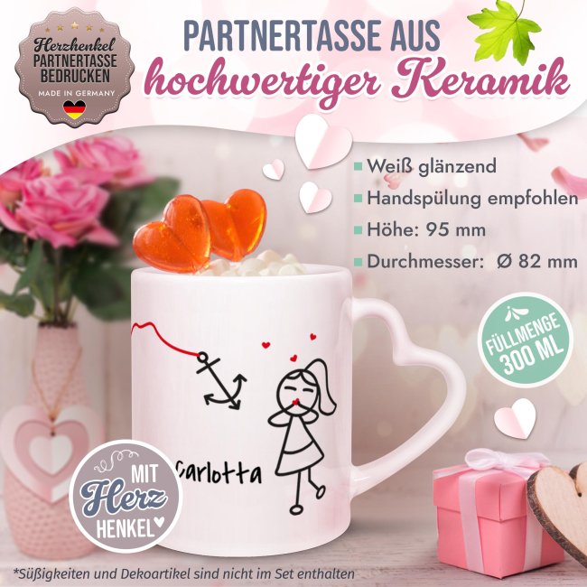 Personalisierte Partner-Tassen mit Name - Strichm&auml;nnchen Anker - 2er-Set mit Herzhenkel