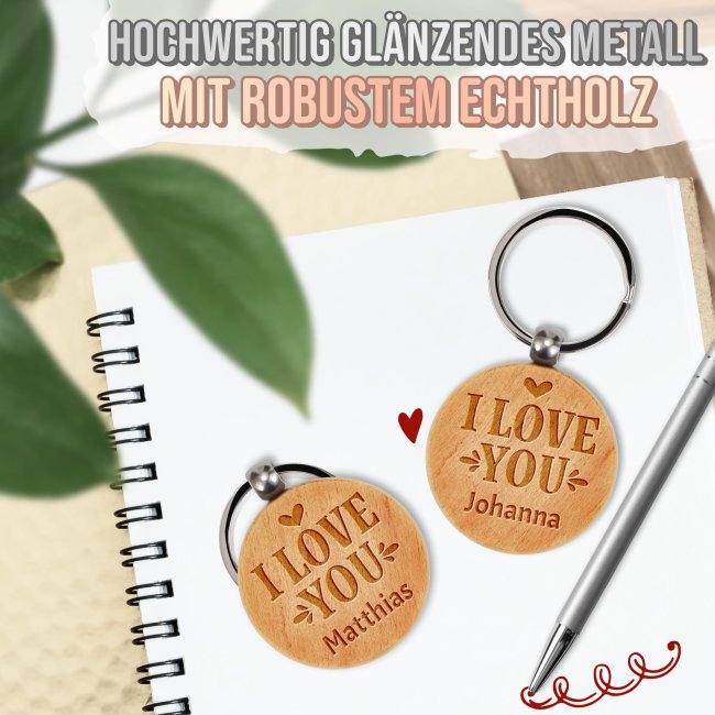 Personalisierter Schl&uuml;sselanh&auml;nger - I love you - mit Name - rund aus Echtholz - 45 x 45 mm