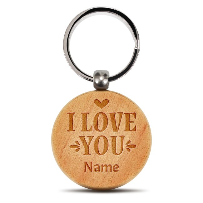 Personalisierter Schl&uuml;sselanh&auml;nger - I love you - mit Name - rund aus Echtholz - 45 x 45 mm