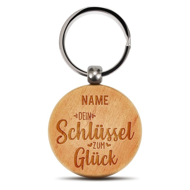 Personalisierter Schl&uuml;sselanh&auml;nger - Schl&uuml;ssel zum Gl&uuml;ck - mit Name - rund aus Echtholz - 45 x 45 mm