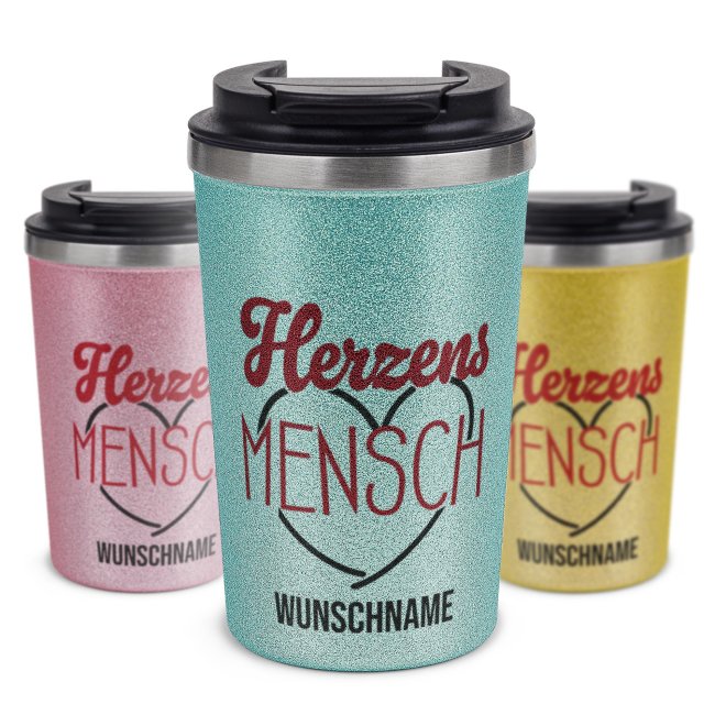 To-Go Edelstahlbecher Glitzer - Herzensmensch - mit Name - in 4 Farben