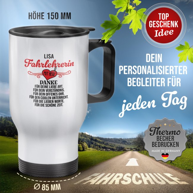 Edelstahl-Thermobecher - Fahrlehrerin mit Herz - mit Name