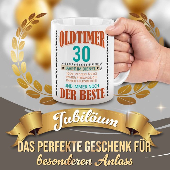 Personalisierte Tasse zum Firmenjubil&auml;um - Oldtimer im Dienst &amp; immer noch der Beste - mit Zahl