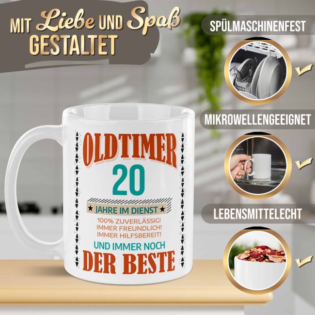 Personalisierte Tasse zum Firmenjubil&auml;um - Oldtimer im Dienst &amp; immer noch der Beste - mit Zahl