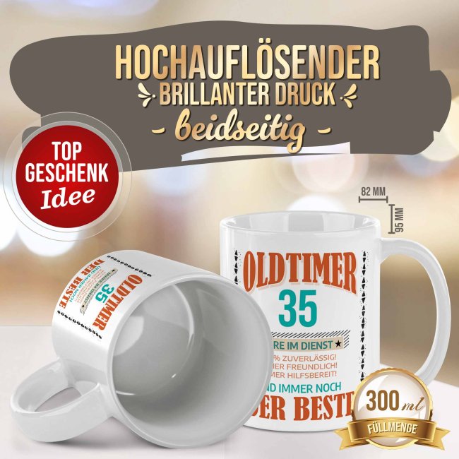 Personalisierte Tasse zum Firmenjubil&auml;um - Oldtimer im Dienst &amp; immer noch der Beste - mit Zahl