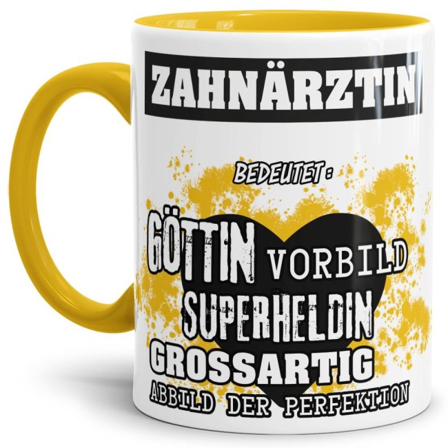 Berufe-Tasse in Gelb - Bedeutung einer Zahn&auml;rztin