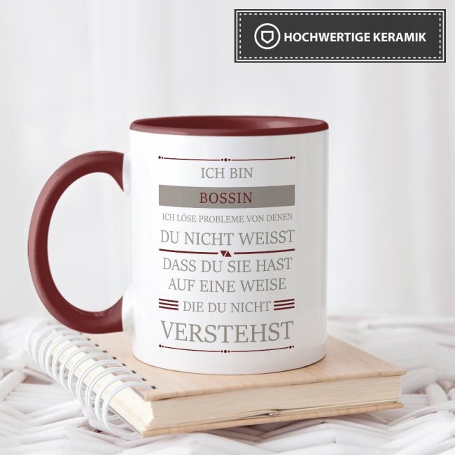 Berufe-Tasse - Ich bin Bossin, ich l&ouml;se Probleme, die du nicht verstehst - Weinrot