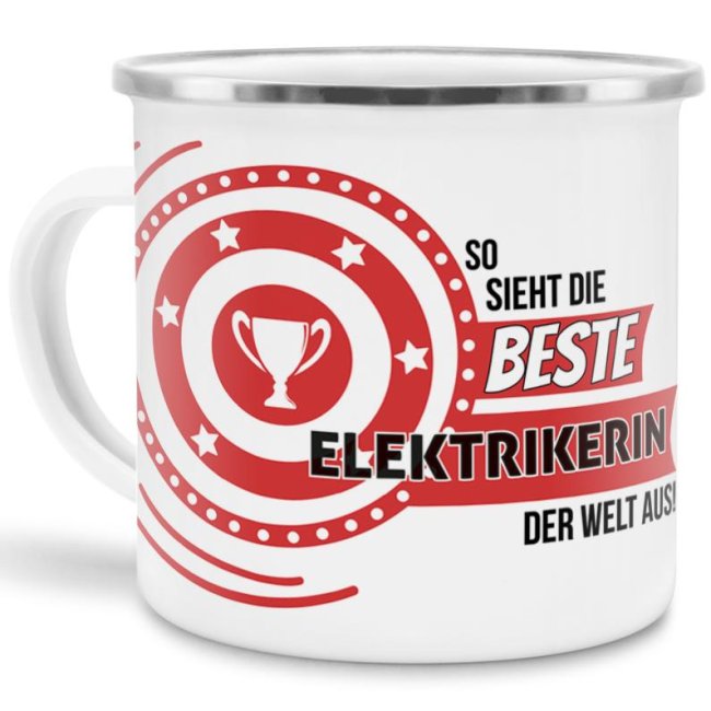 Emaille-Tasse mit Spruch - So sieht die beste Elektrikerin aus