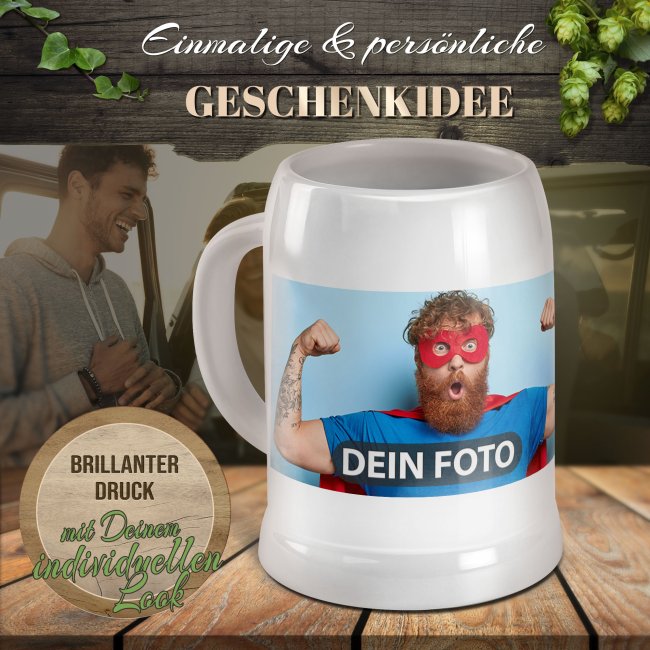 Personalisierter Bierkrug - mit Foto selbst gestalten - Keramik wei&szlig; - 500 ml