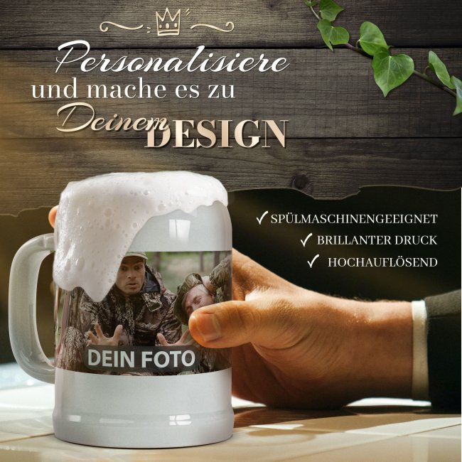 Personalisierter Bierkrug - mit Foto selbst gestalten - Keramik grau - 500 ml