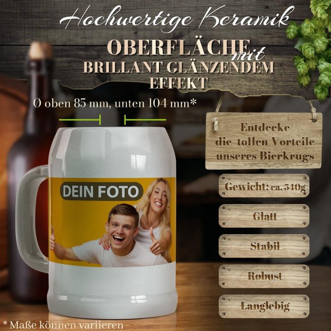 Personalisierter Bierkrug - mit Foto selbst gestalten - Keramik grau - 500 ml