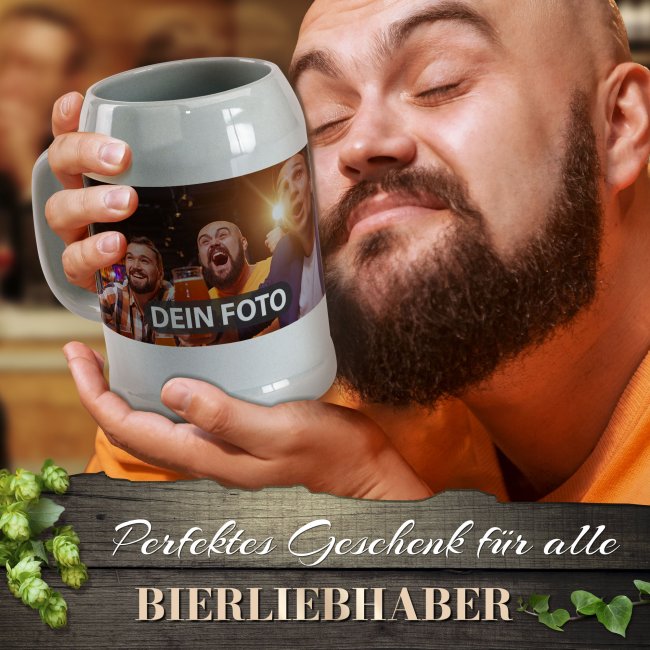 Personalisierter Bierkrug - mit Foto selbst gestalten - Keramik grau - 500 ml