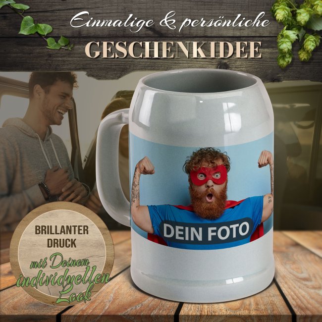 Personalisierter Bierkrug - mit Foto selbst gestalten - Keramik grau - 500 ml