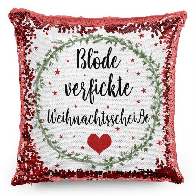 Weihnachts-Kissen - Bl&ouml;de verfickte Weihnachten - Pailletten Rot