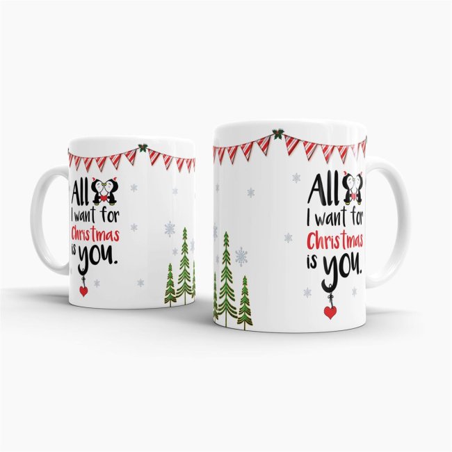 Tasse XMAS - All I want - Pinguin - wei&szlig;