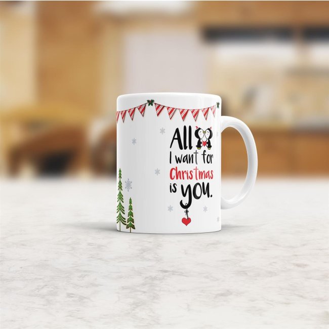 Tasse XMAS - All I want - Pinguin - wei&szlig;