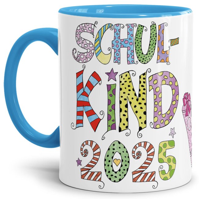 Tasse zur Einschulung mit Spruch Schulkind 2025 Mädchen Hellblau