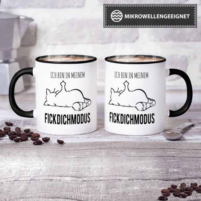 Tasse mit lustigem Spruch - N&ouml;-Katze Fick Dich Modus - Schwarz