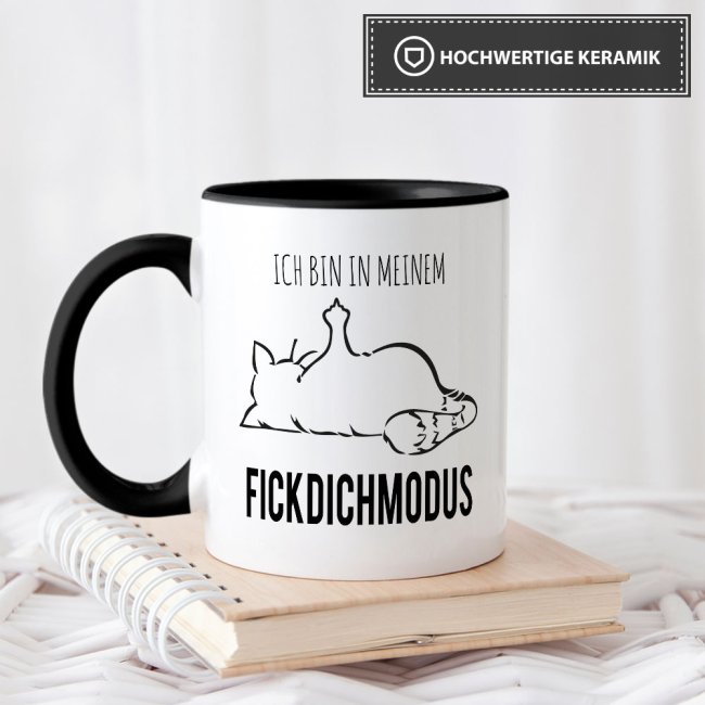 Tasse mit lustigem Spruch - N&ouml;-Katze Fick Dich Modus - Schwarz