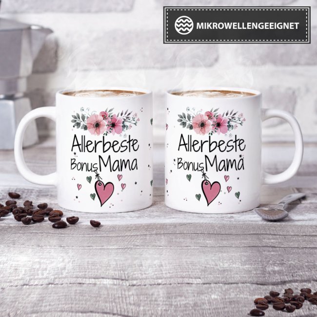 Tasse mit sch&ouml;nem Blumenmotiv - Allerbeste Bonus Mama - Wei&szlig;