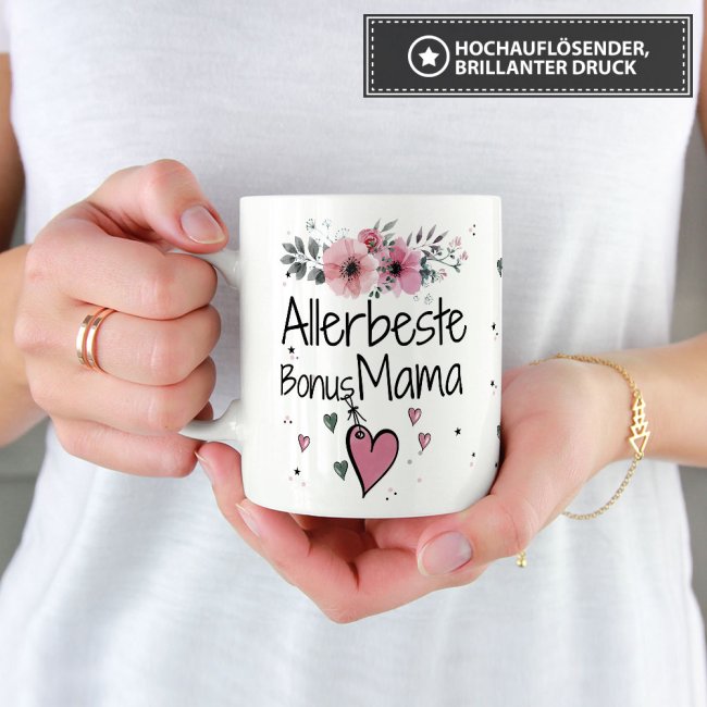 Tasse mit sch&ouml;nem Blumenmotiv - Allerbeste Bonus Mama - Wei&szlig;