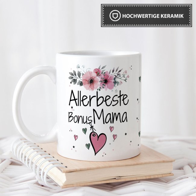 Tasse mit sch&ouml;nem Blumenmotiv - Allerbeste Bonus Mama - Wei&szlig;