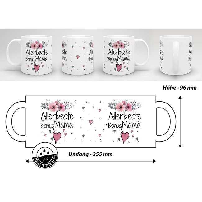 Tasse mit sch&ouml;nem Blumenmotiv - Allerbeste Bonus Mama - Wei&szlig;