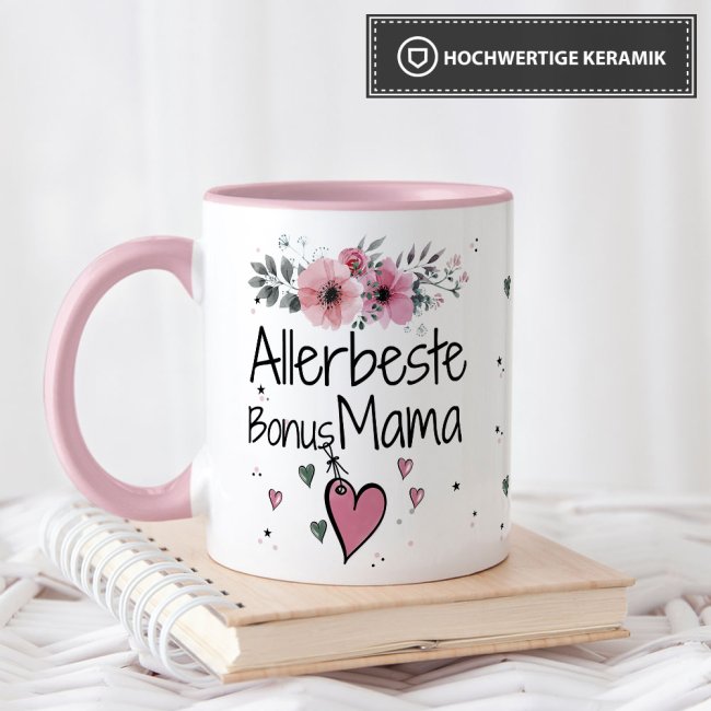 Tasse mit sch&ouml;nem Blumenmotiv - Allerbeste Bonus Mama - Innen &amp; Henkel Rosa