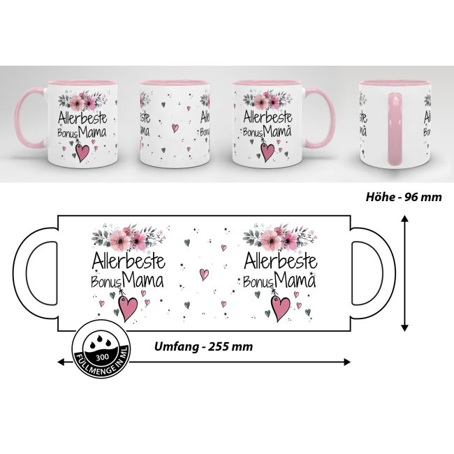 Tasse mit sch&ouml;nem Blumenmotiv - Allerbeste Bonus Mama - Innen &amp; Henkel Rosa