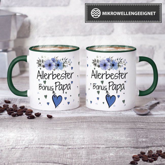 Tasse mit sch&ouml;nem Blumenmotiv - Allerbester Bonus Papa - Innen &amp; Henkel Dunkelgr&uuml;n