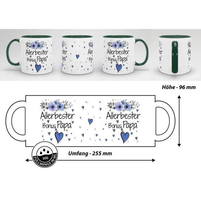 Tasse mit sch&ouml;nem Blumenmotiv - Allerbester Bonus Papa - Innen &amp; Henkel Dunkelgr&uuml;n