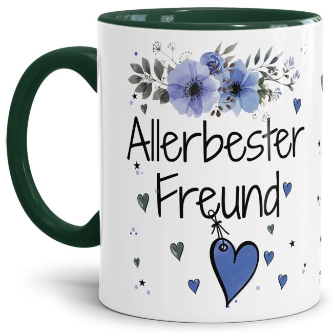 Tasse mit sch&ouml;nem Blumenmotiv - Allerbester Freund - Innen &amp; Henkel Dunkelgr&uuml;n