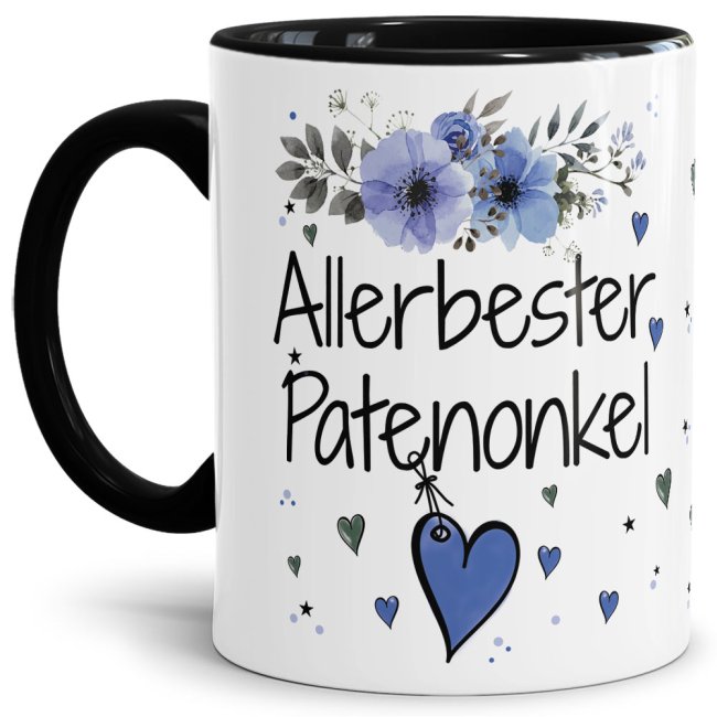 Tasse mit sch&ouml;nem Blumenmotiv - Allerbester Patenonkel - Innen &amp; Henkel Schwarz