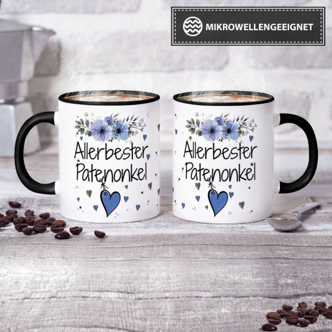 Tasse mit sch&ouml;nem Blumenmotiv - Allerbester Patenonkel - Innen &amp; Henkel Schwarz