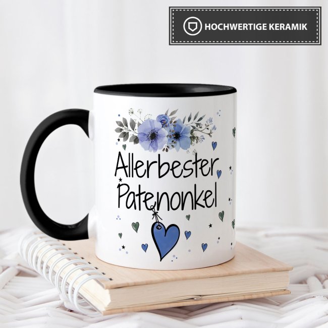 Tasse mit sch&ouml;nem Blumenmotiv - Allerbester Patenonkel - Innen &amp; Henkel Schwarz