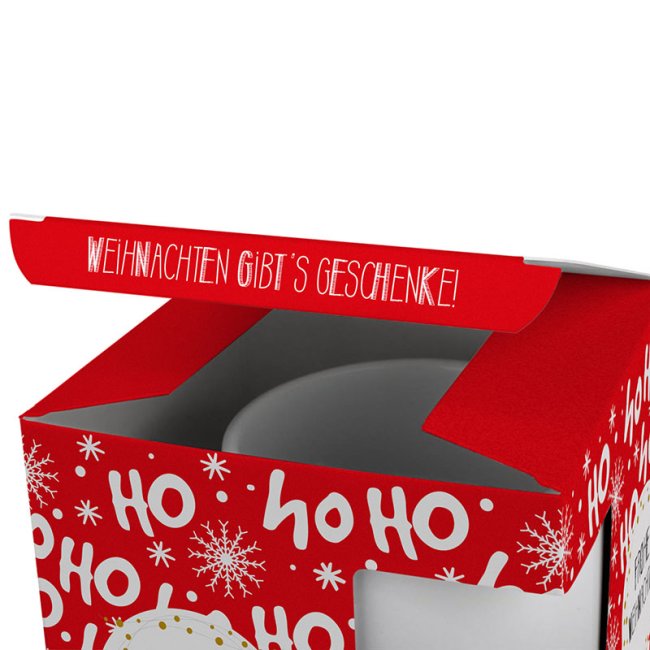 Geschenkverpackung f&uuml;r Tassen - Frohe Weihnachten - HO HO HO - rot