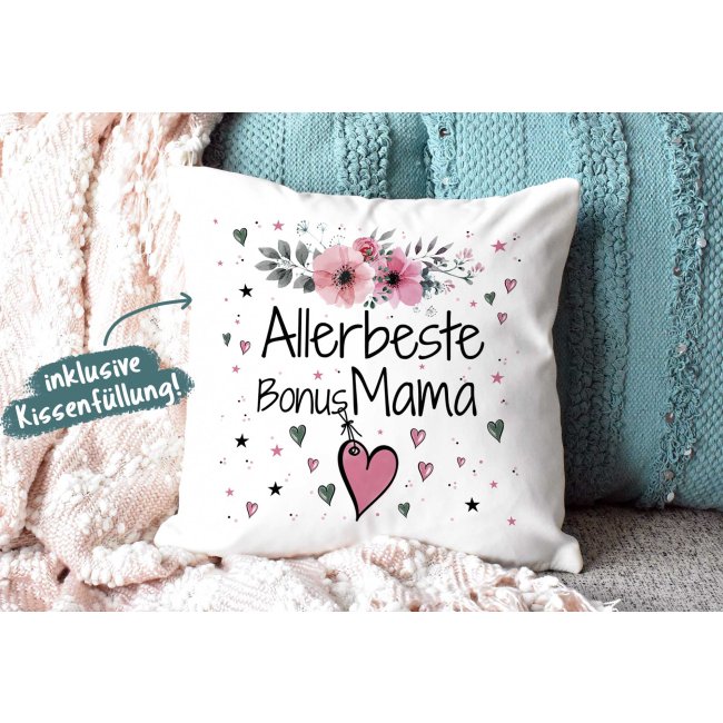 Geschenk-Set aus Tasse und Kissen mit Blumenmotiv - Allerbeste Bonus Mama - Kissen wei&szlig; - Tasse dunkelgr&uuml;n